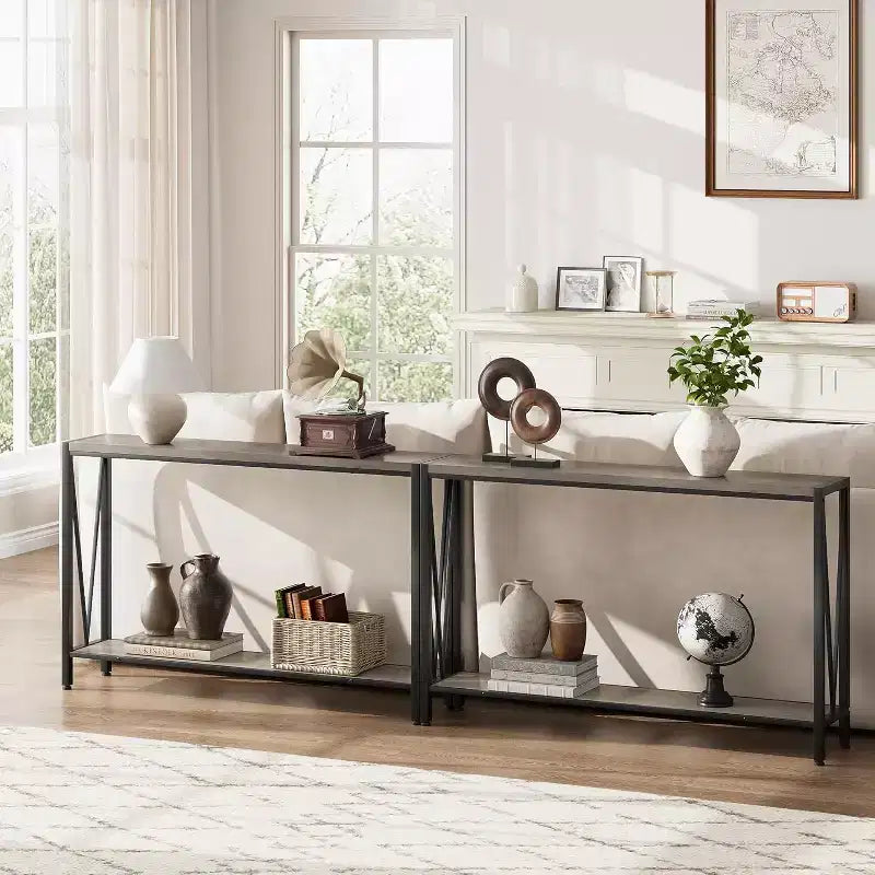Tavolo consolle a 2 ripiani V-Design in metallo da 109 cm nero/marrone/grigio per ingresso e soggiorno