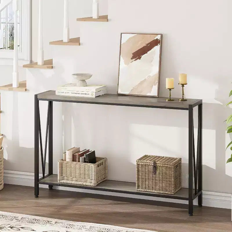 Tavolo consolle a 2 ripiani V-Design in metallo da 109 cm nero/marrone/grigio per ingresso e soggiorno
