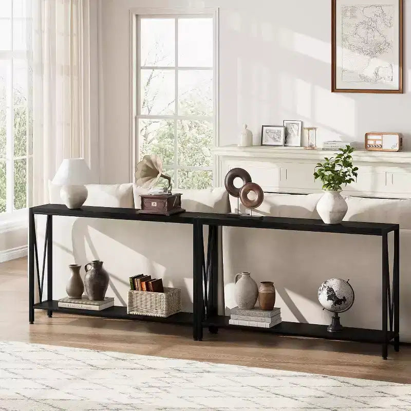 Tavolo consolle a 2 ripiani V-Design in metallo da 109 cm nero/marrone/grigio per ingresso e soggiorno
