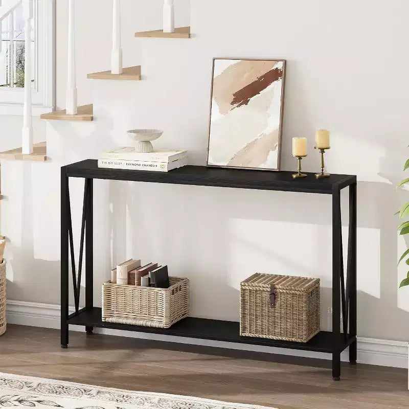Tavolo consolle a 2 ripiani V-Design in metallo da 109 cm nero/marrone/grigio per ingresso e soggiorno