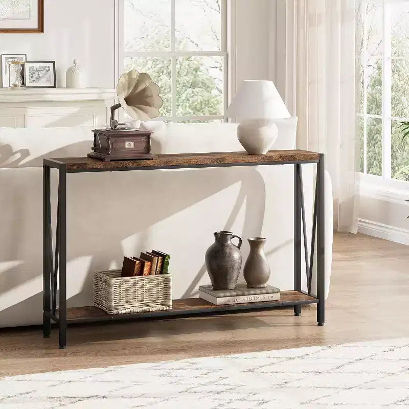 Tavolo consolle a 2 ripiani V-Design in metallo da 109 cm nero/marrone/grigio per ingresso e soggiorno