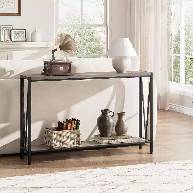 Tavolo consolle a 2 ripiani V-Design in metallo da 109 cm nero/marrone/grigio per ingresso e soggiorno
