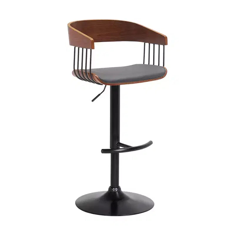 HomeRoots Gray and Black Faux Leather with Metal Swivel Adjustable Height Bar Chair