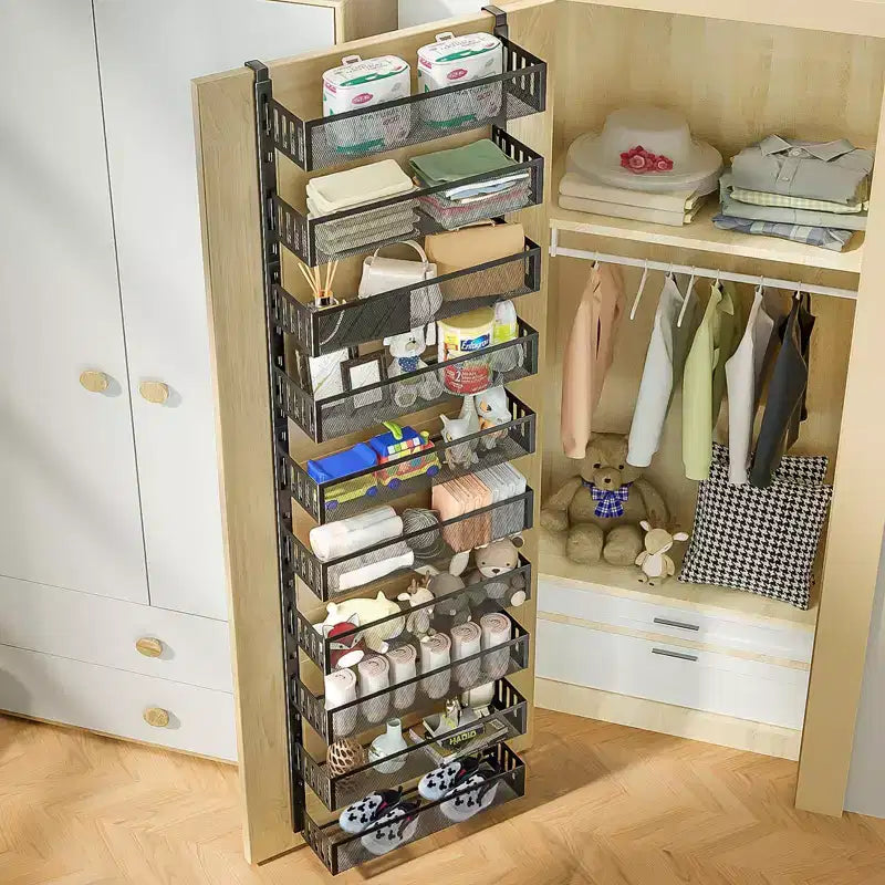 Organizzatore da appendere alla porta a 10 ripiani in rete metallica nera, per porta singola
