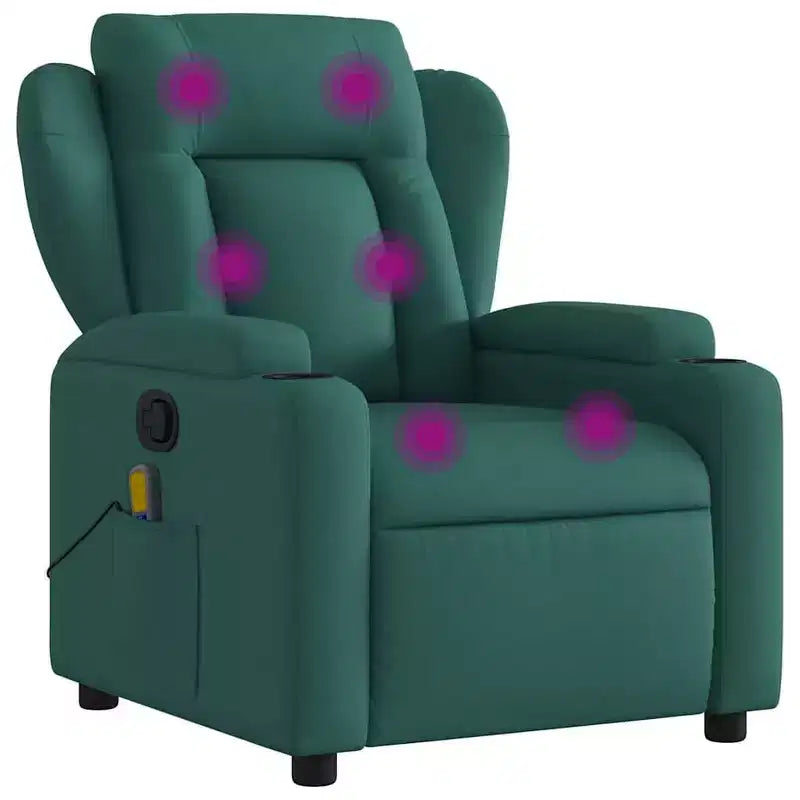 VidaXL Dark Green Fabric Massage Recliner Chair - Manual Recline, USB Vibration, Cup Holders, Side Pocket, Padded Comfort