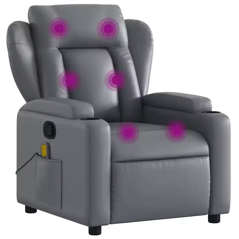 vidaXL Gray Faux Leather Massage Recliner Chair with Manual Recline, Cup Holders, USB Vibration & Padded Seating