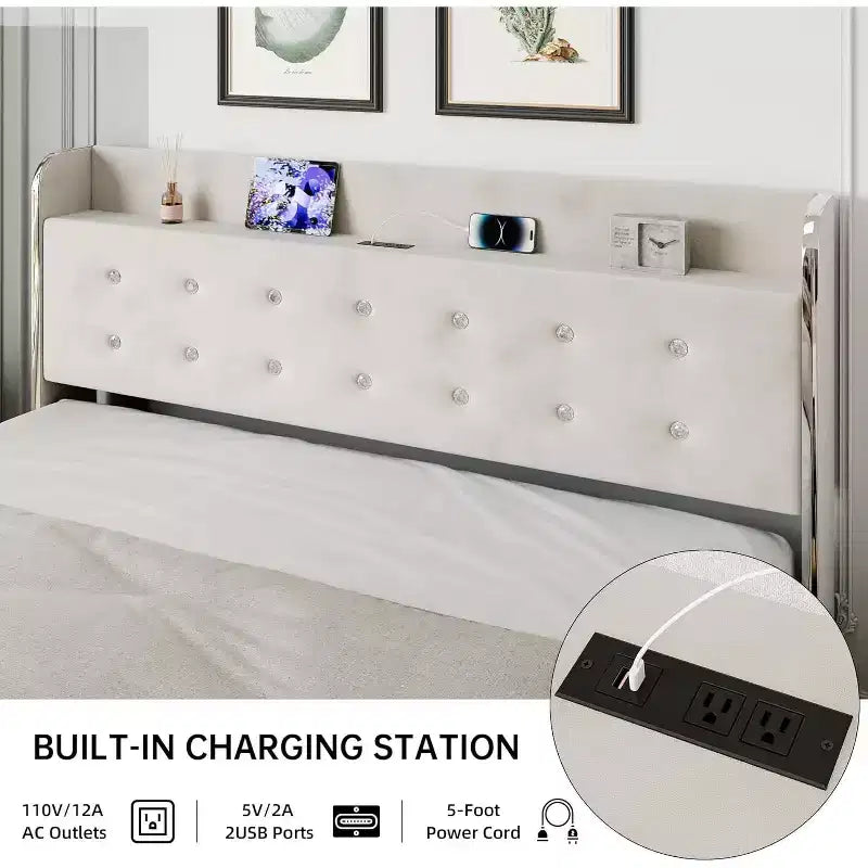 Struttura letto imbottita in velluto beige con base alta e 4 cassetti contenitore, Per 1 persona