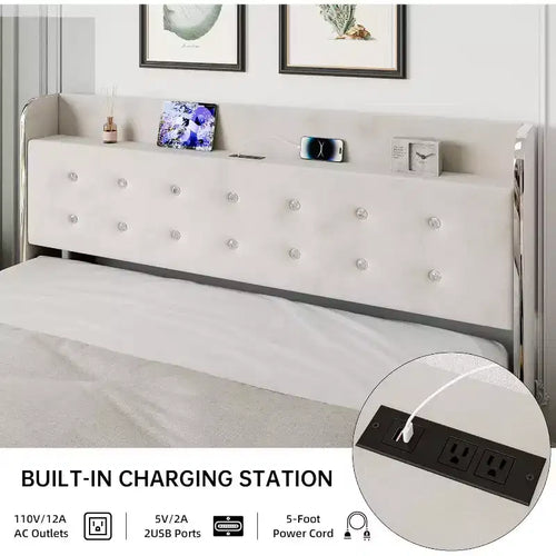 Struttura letto imbottita in velluto beige con base alta e 4 cassetti contenitore, Per 1 persona