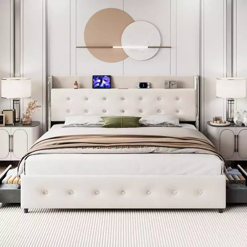 Struttura letto imbottita in velluto beige con base alta e 4 cassetti contenitore, Per 1 persona