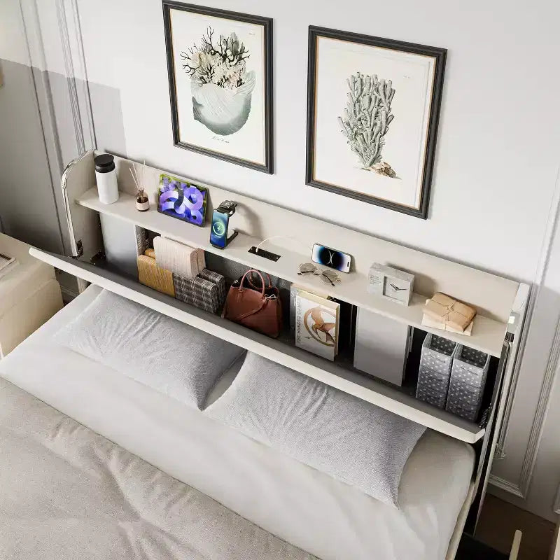 Struttura letto imbottita in velluto beige con base alta e 4 cassetti contenitore, Per 1 persona