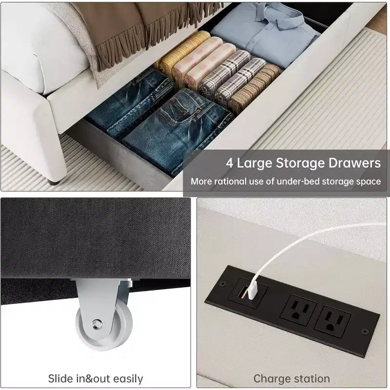 Struttura letto imbottita in velluto beige con base alta e 4 cassetti contenitore, Per 1 persona