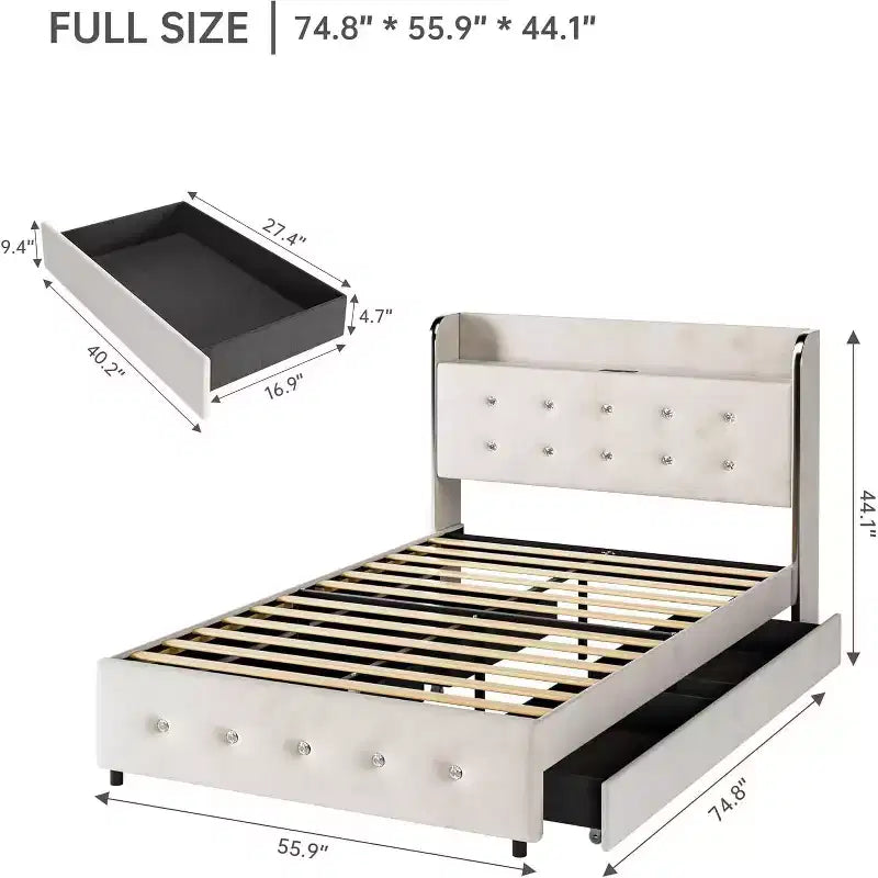 Struttura letto imbottita in velluto beige con base alta e 4 cassetti contenitore, Per 1 persona