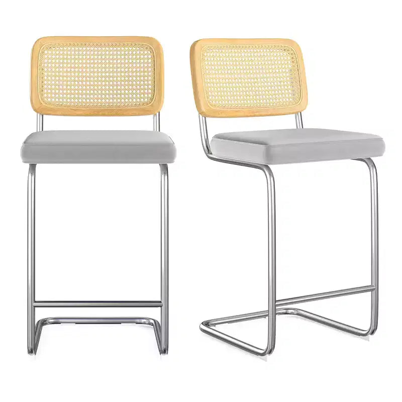 Sgabello da bar senza braccioli in velluto grigio chiaro con schienale in rattan, set da 2
