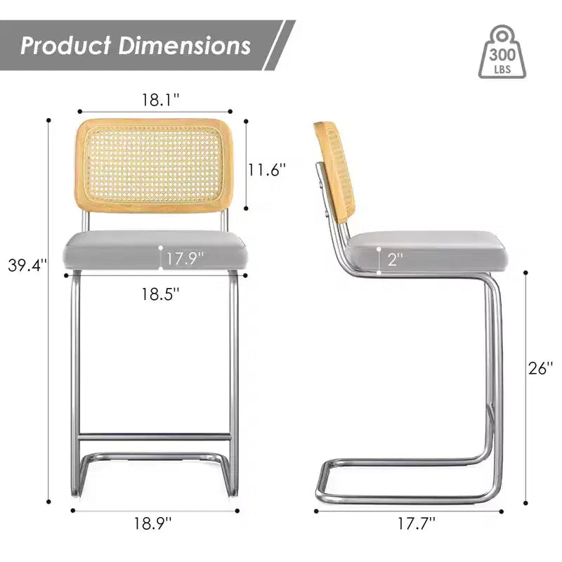 Sgabello da bar senza braccioli in velluto grigio chiaro con schienale in rattan, set da 2