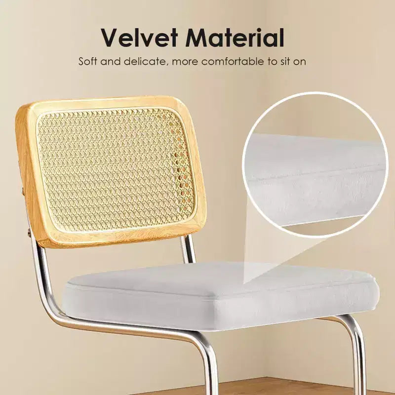 Sgabello da bar senza braccioli in velluto grigio chiaro con schienale in rattan, set da 2
