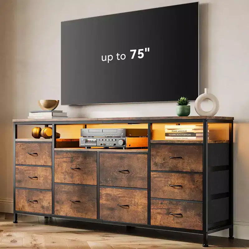 Mobile TV nero/marrone/rosa/bianco con 10 cassetti in tessuto, ripiani aperti e luci LED, adatto a TV fino a 75", montaggio per 1 persona