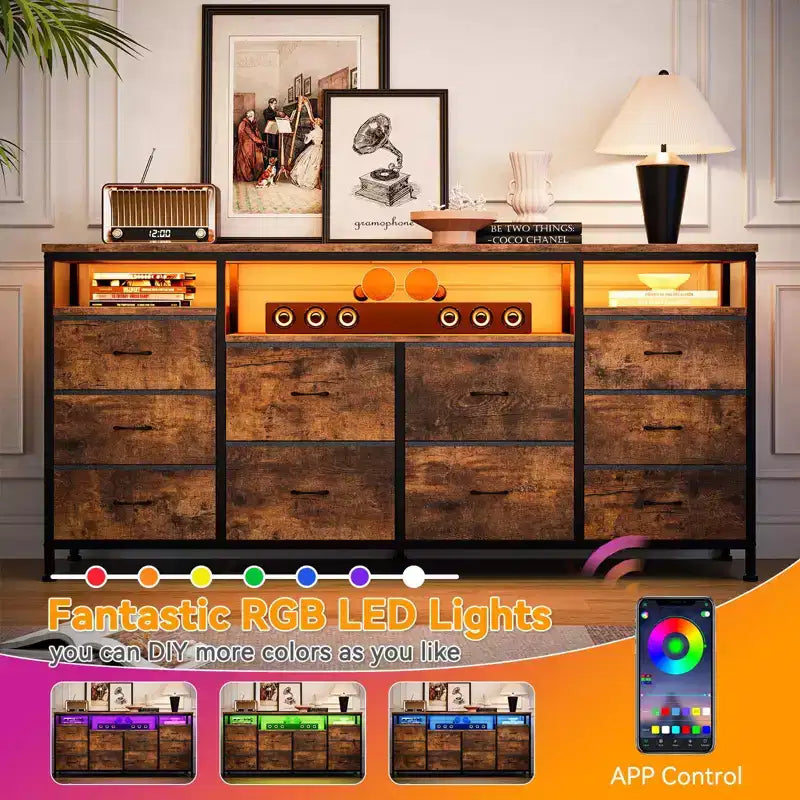 Mobile TV nero/marrone/rosa/bianco con 10 cassetti in tessuto, ripiani aperti e luci LED, adatto a TV fino a 75", montaggio per 1 persona