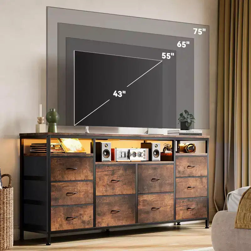 Mobile TV nero/marrone/rosa/bianco con 10 cassetti in tessuto, ripiani aperti e luci LED, adatto a TV fino a 75", montaggio per 1 persona