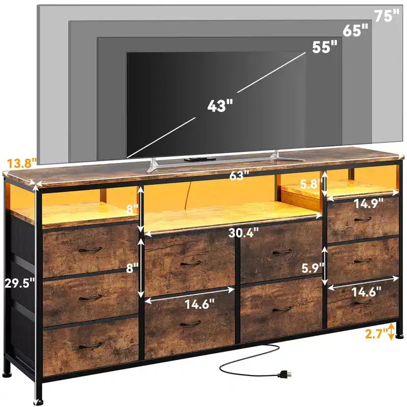 Mobile TV nero/marrone/rosa/bianco con 10 cassetti in tessuto, ripiani aperti e luci LED, adatto a TV fino a 75", montaggio per 1 persona