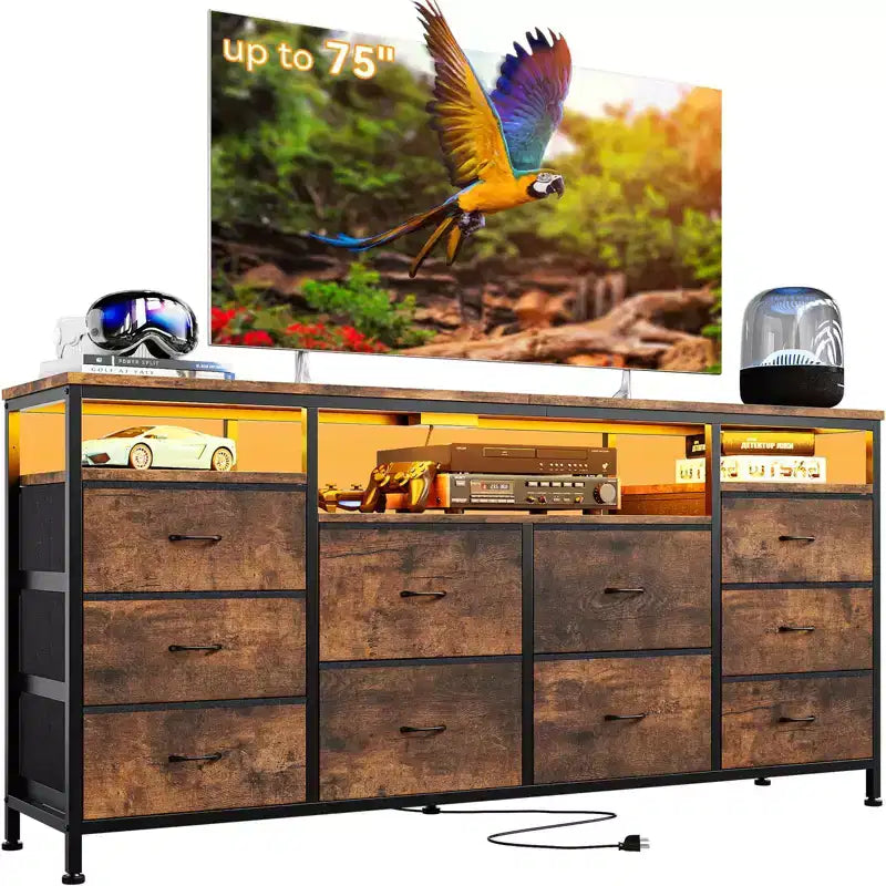 Mobile TV nero/marrone/rosa/bianco con 10 cassetti in tessuto, ripiani aperti e luci LED, adatto a TV fino a 75", montaggio per 1 persona