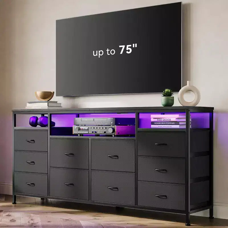 Mobile TV nero/marrone/rosa/bianco con 10 cassetti in tessuto, ripiani aperti e luci LED, adatto a TV fino a 75", montaggio per 1 persona