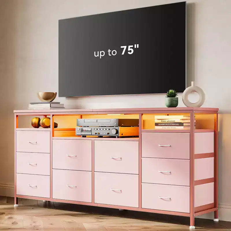 Mobile TV nero/marrone/rosa/bianco con 10 cassetti in tessuto, ripiani aperti e luci LED, adatto a TV fino a 75", montaggio per 1 persona