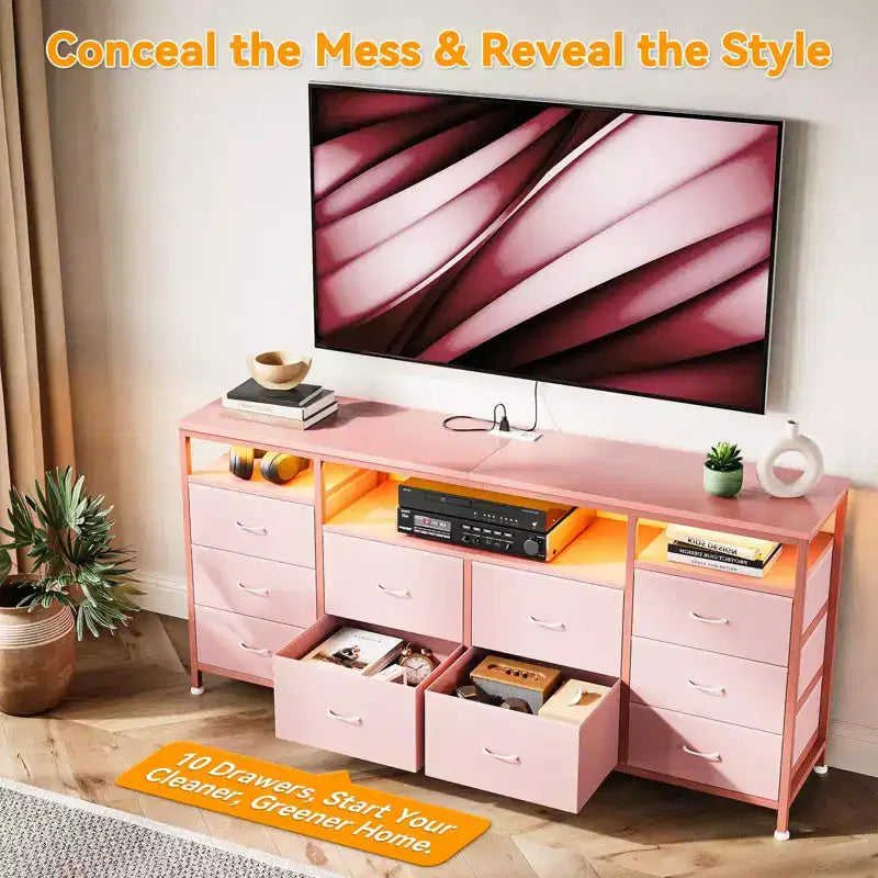 Mobile TV nero/marrone/rosa/bianco con 10 cassetti in tessuto, ripiani aperti e luci LED, adatto a TV fino a 75", montaggio per 1 persona