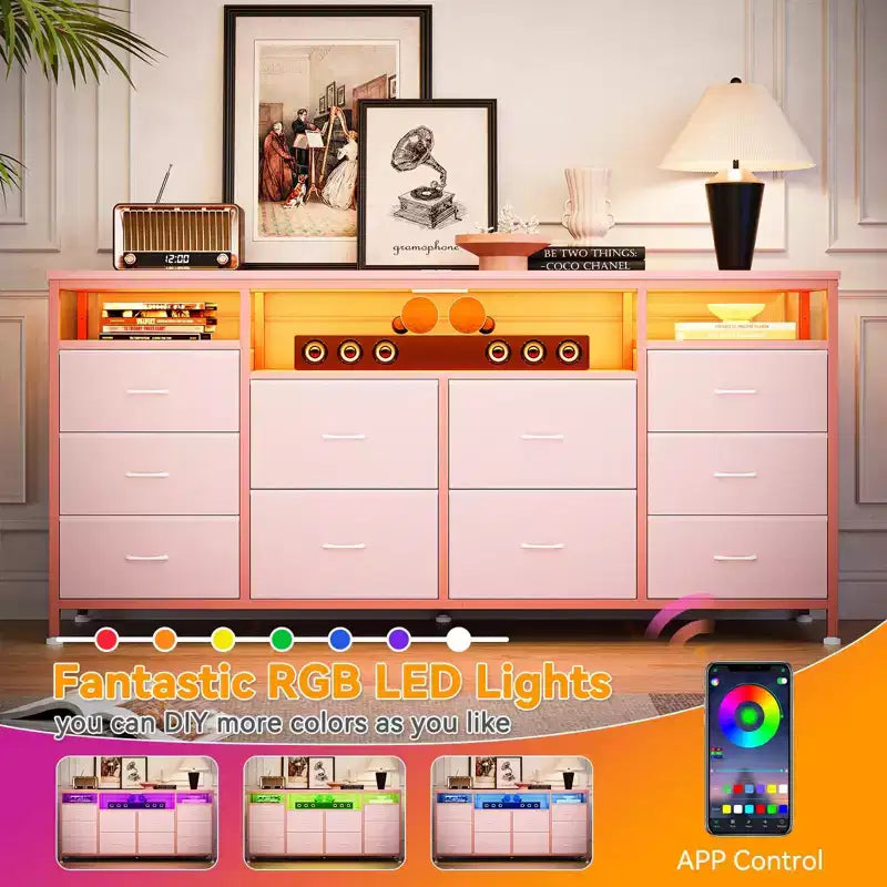 Mobile TV nero/marrone/rosa/bianco con 10 cassetti in tessuto, ripiani aperti e luci LED, adatto a TV fino a 75", montaggio per 1 persona