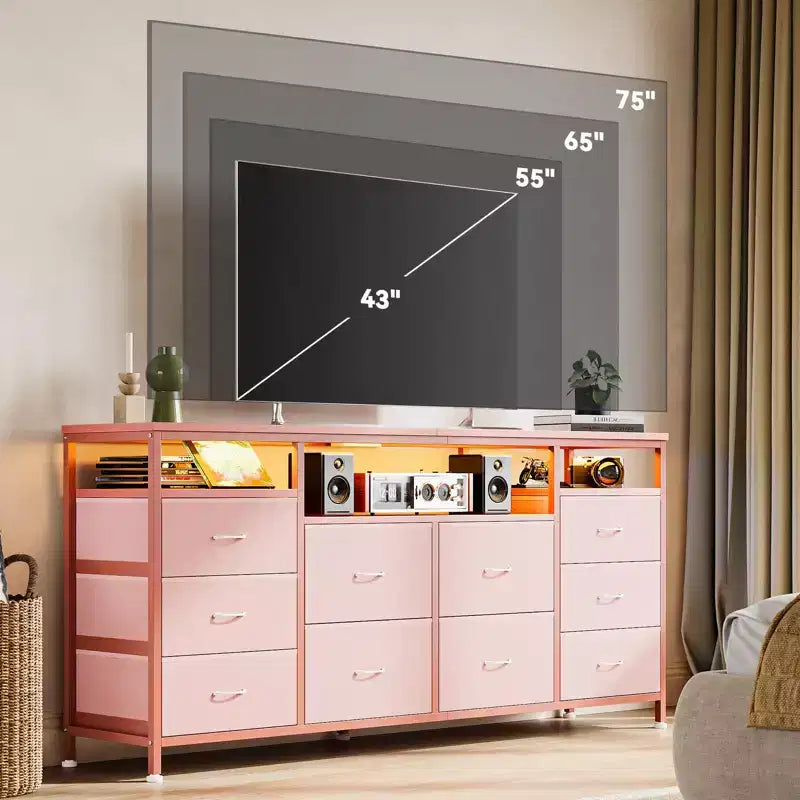 Mobile TV nero/marrone/rosa/bianco con 10 cassetti in tessuto, ripiani aperti e luci LED, adatto a TV fino a 75", montaggio per 1 persona