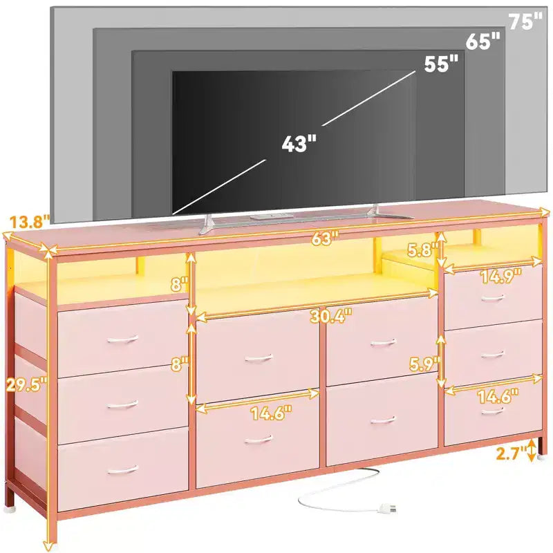 Mobile TV nero/marrone/rosa/bianco con 10 cassetti in tessuto, ripiani aperti e luci LED, adatto a TV fino a 75", montaggio per 1 persona