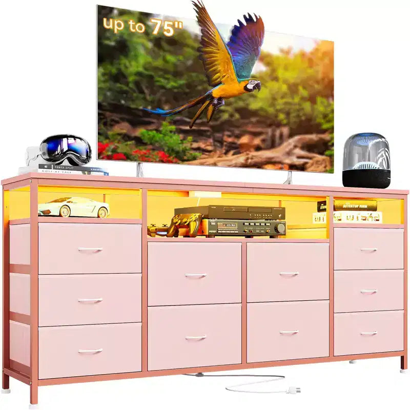 Mobile TV nero/marrone/rosa/bianco con 10 cassetti in tessuto, ripiani aperti e luci LED, adatto a TV fino a 75", montaggio per 1 persona