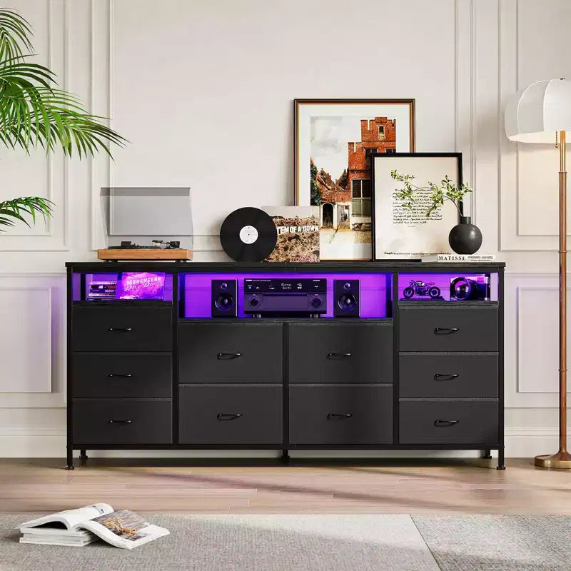 Mobile TV nero/marrone/rosa/bianco con 10 cassetti in tessuto, ripiani aperti e luci LED, adatto a TV fino a 75", montaggio per 1 persona