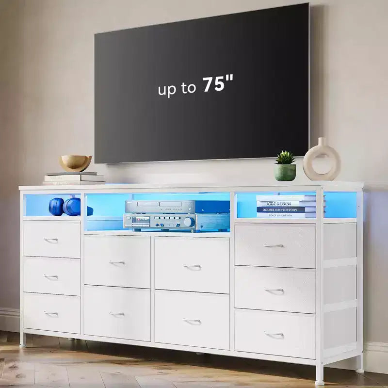 Mobile TV nero/marrone/rosa/bianco con 10 cassetti in tessuto, ripiani aperti e luci LED, adatto a TV fino a 75", montaggio per 1 persona