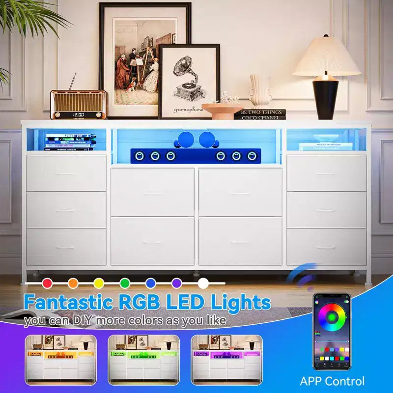 Mobile TV nero/marrone/rosa/bianco con 10 cassetti in tessuto, ripiani aperti e luci LED, adatto a TV fino a 75", montaggio per 1 persona