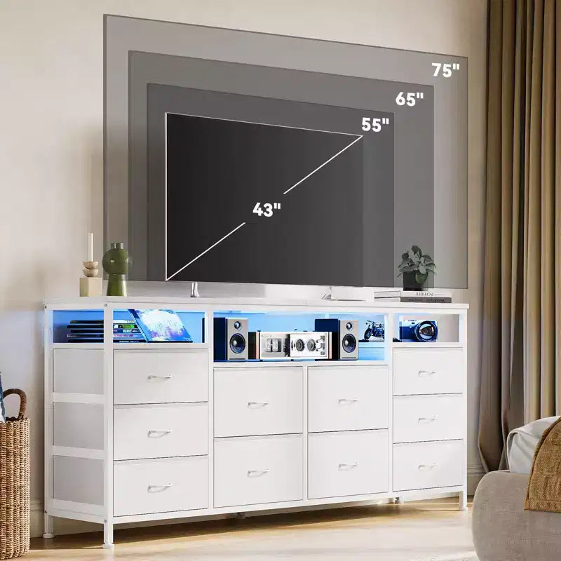 Mobile TV nero/marrone/rosa/bianco con 10 cassetti in tessuto, ripiani aperti e luci LED, adatto a TV fino a 75", montaggio per 1 persona