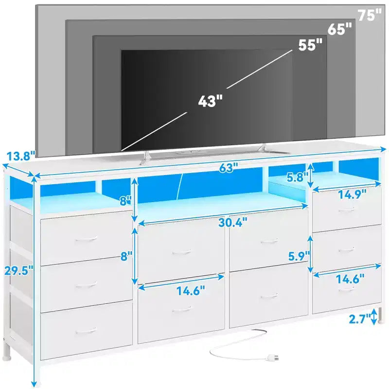 Mobile TV nero/marrone/rosa/bianco con 10 cassetti in tessuto, ripiani aperti e luci LED, adatto a TV fino a 75", montaggio per 1 persona