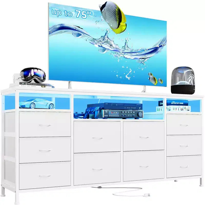 Mobile TV nero/marrone/rosa/bianco con 10 cassetti in tessuto, ripiani aperti e luci LED, adatto a TV fino a 75", montaggio per 1 persona