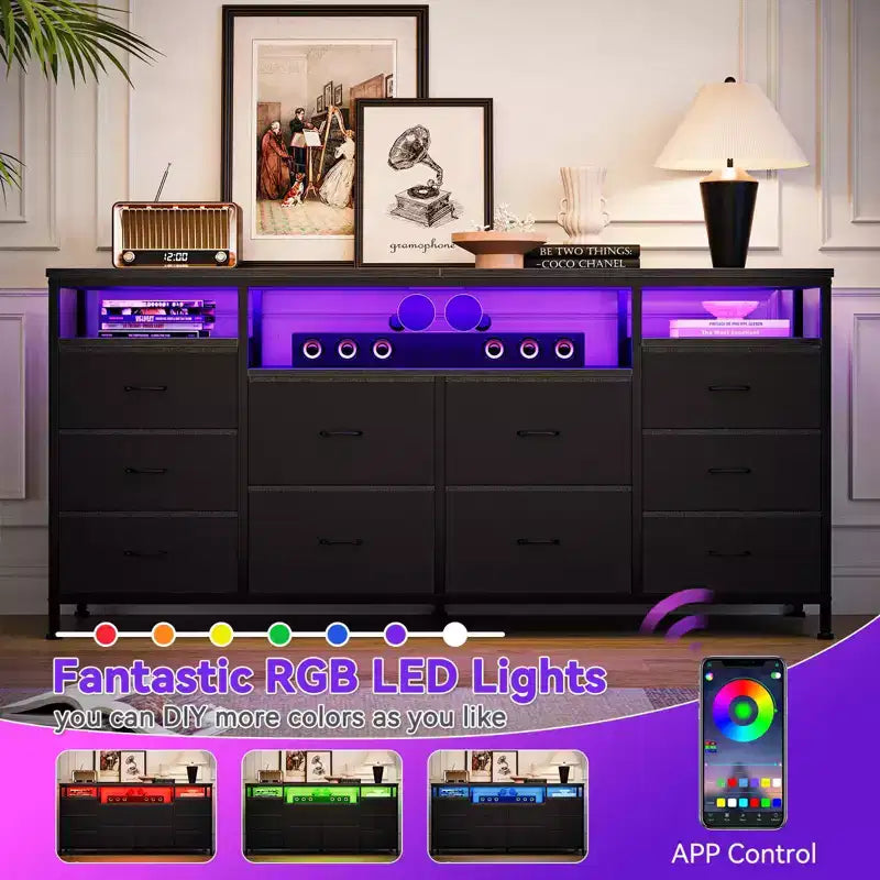 Mobile TV nero/marrone/rosa/bianco con 10 cassetti in tessuto, ripiani aperti e luci LED, adatto a TV fino a 75", montaggio per 1 persona