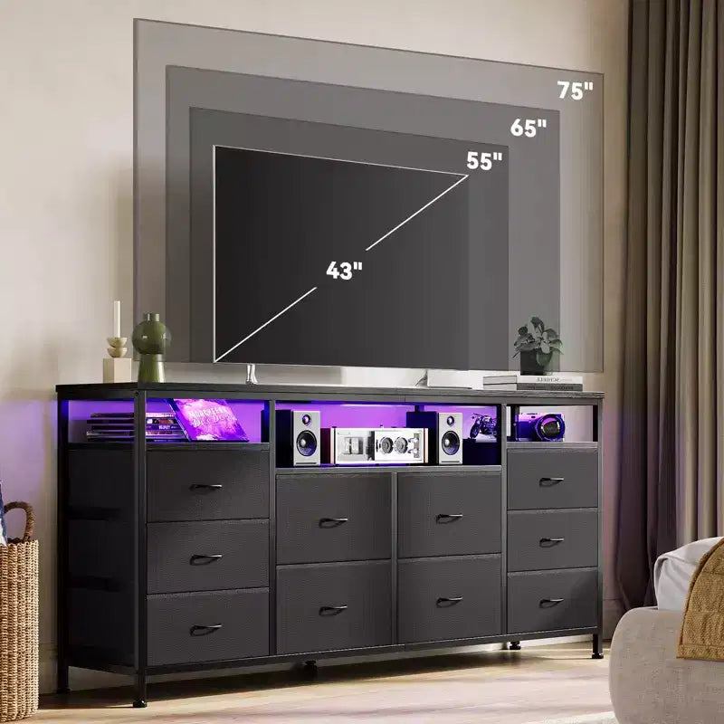 Mobile TV nero/marrone/rosa/bianco con 10 cassetti in tessuto, ripiani aperti e luci LED, adatto a TV fino a 75", montaggio per 1 persona