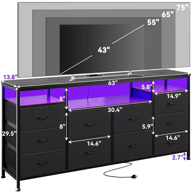 Mobile TV nero/marrone/rosa/bianco con 10 cassetti in tessuto, ripiani aperti e luci LED, adatto a TV fino a 75", montaggio per 1 persona