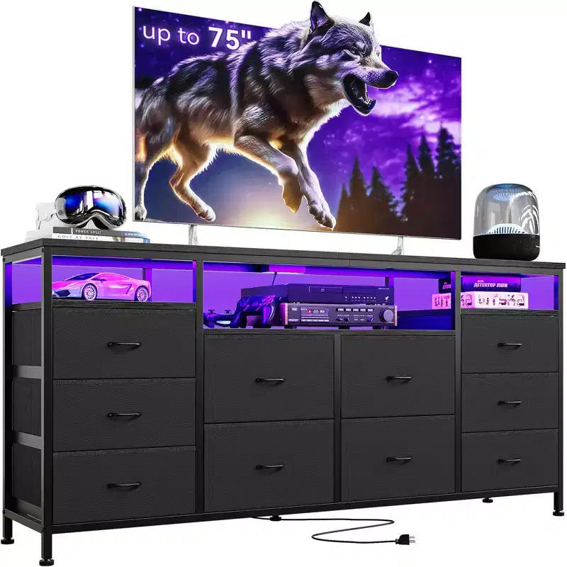 Mobile TV nero/marrone/rosa/bianco con 10 cassetti in tessuto, ripiani aperti e luci LED, adatto a TV fino a 75", montaggio per 1 persona