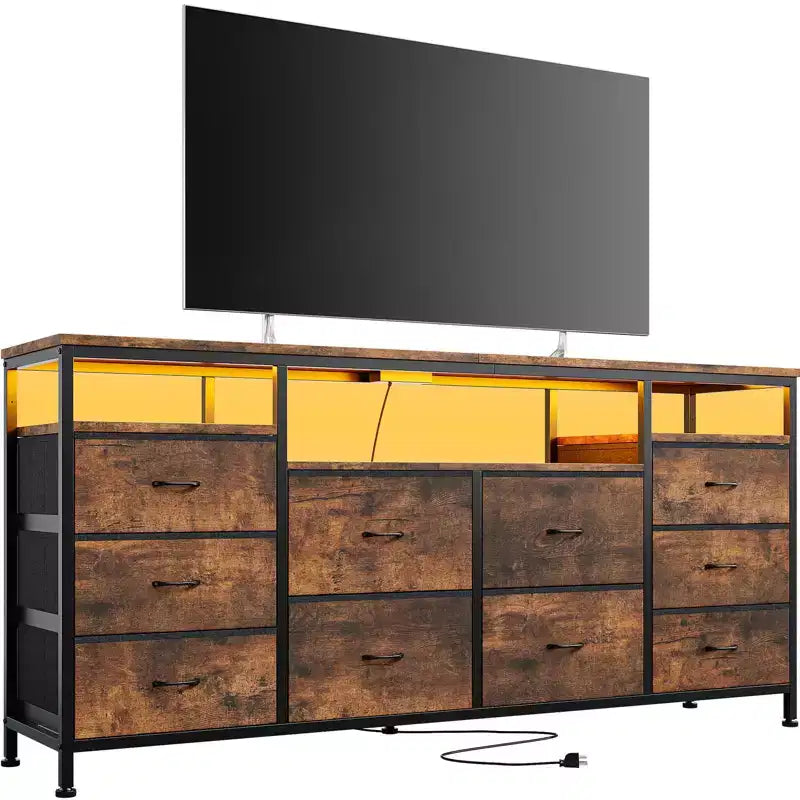 Mobile TV nero/marrone/rosa/bianco con 10 cassetti in tessuto, ripiani aperti e luci LED, adatto a TV fino a 75", montaggio per 1 persona