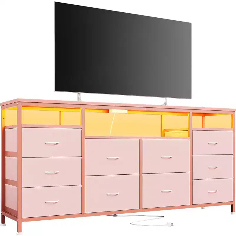 Mobile TV nero/marrone/rosa/bianco con 10 cassetti in tessuto, ripiani aperti e luci LED, adatto a TV fino a 75", montaggio per 1 persona