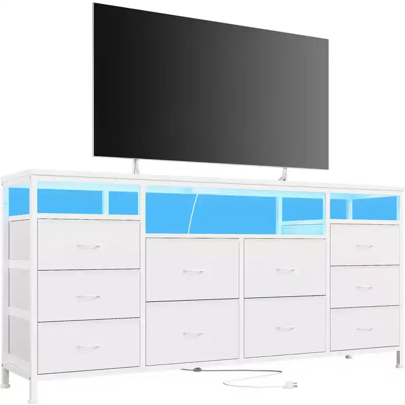 Mobile TV nero/marrone/rosa/bianco con 10 cassetti in tessuto, ripiani aperti e luci LED, adatto a TV fino a 75", montaggio per 1 persona
