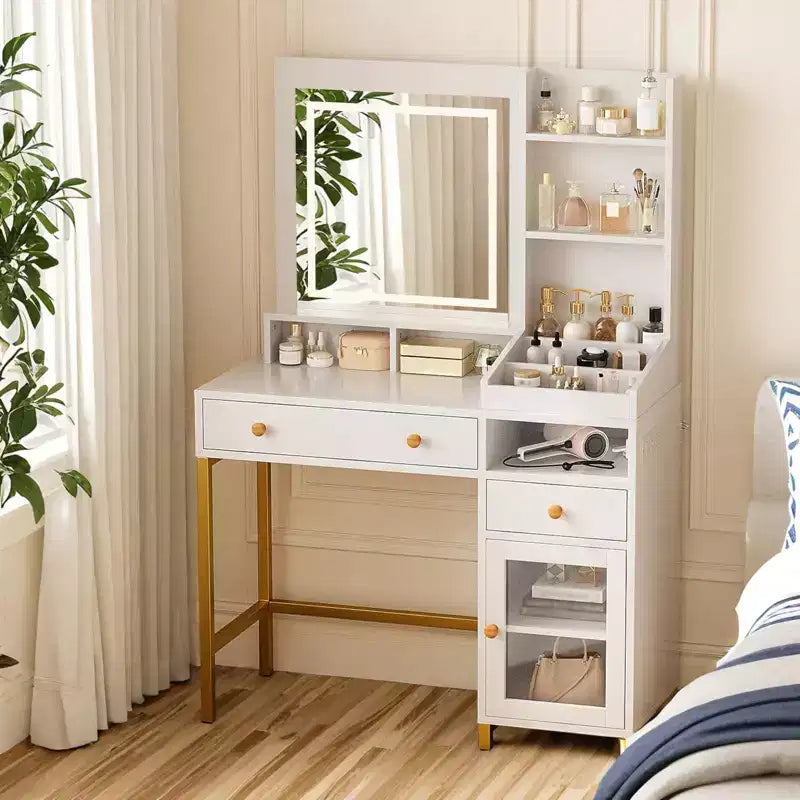 GustoWave Vanity Desk with Lighted Mirror, Large Makeup Dressing Table with Power Outlet 2 Drawers 1 Cabinet and Open Storage Shelves for Bedroom
