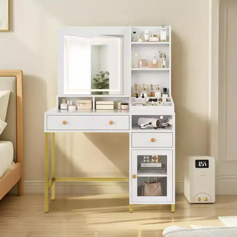 Scrivania da trucco bianca illuminata con specchio, tavolo da trucco rettangolare monoposto