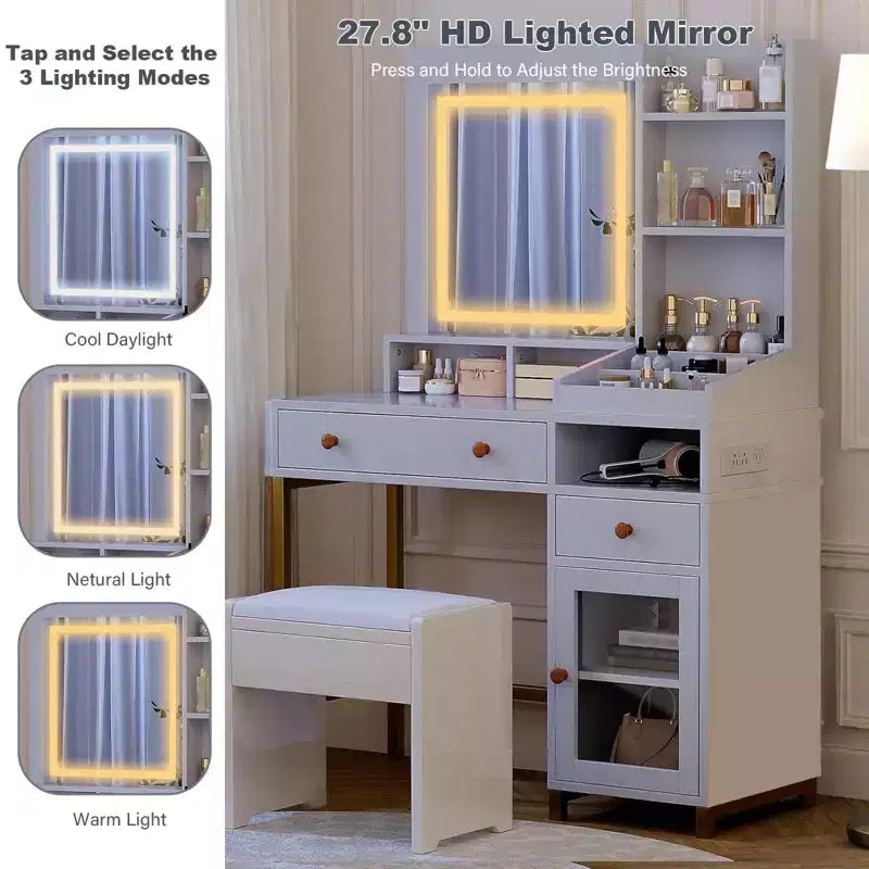 Scrivania da trucco bianca illuminata con specchio, tavolo da trucco rettangolare monoposto
