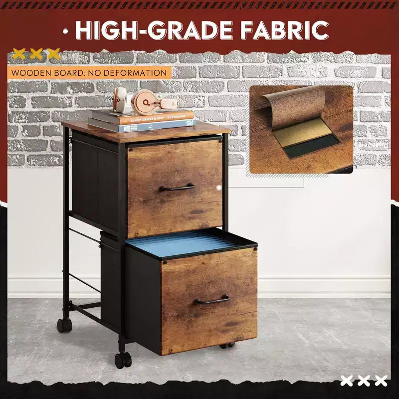 Cassettiera mobile con top in legno a 2 cassetti, colore Marrone Rustico, utente singolo