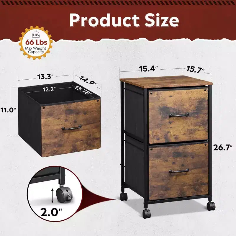 Cassettiera mobile con top in legno a 2 cassetti, colore Marrone Rustico, utente singolo