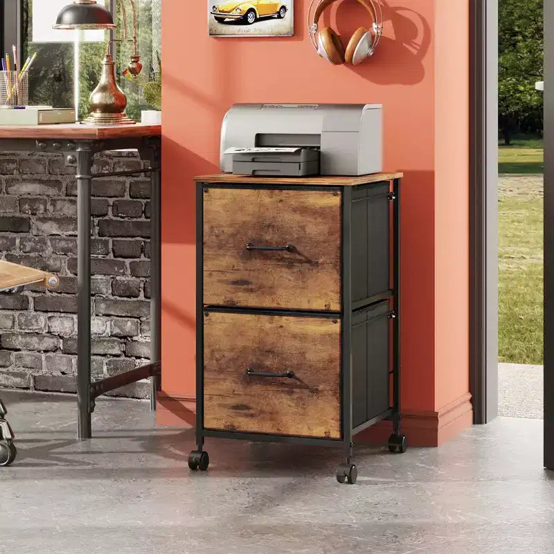 Cassettiera mobile con top in legno a 2 cassetti, colore Marrone Rustico, utente singolo